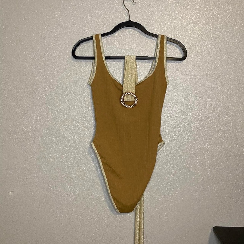 Maiyo X Natalie Off Duty Burnt Orange & Gold One-Piece Bathing Suit Size Small